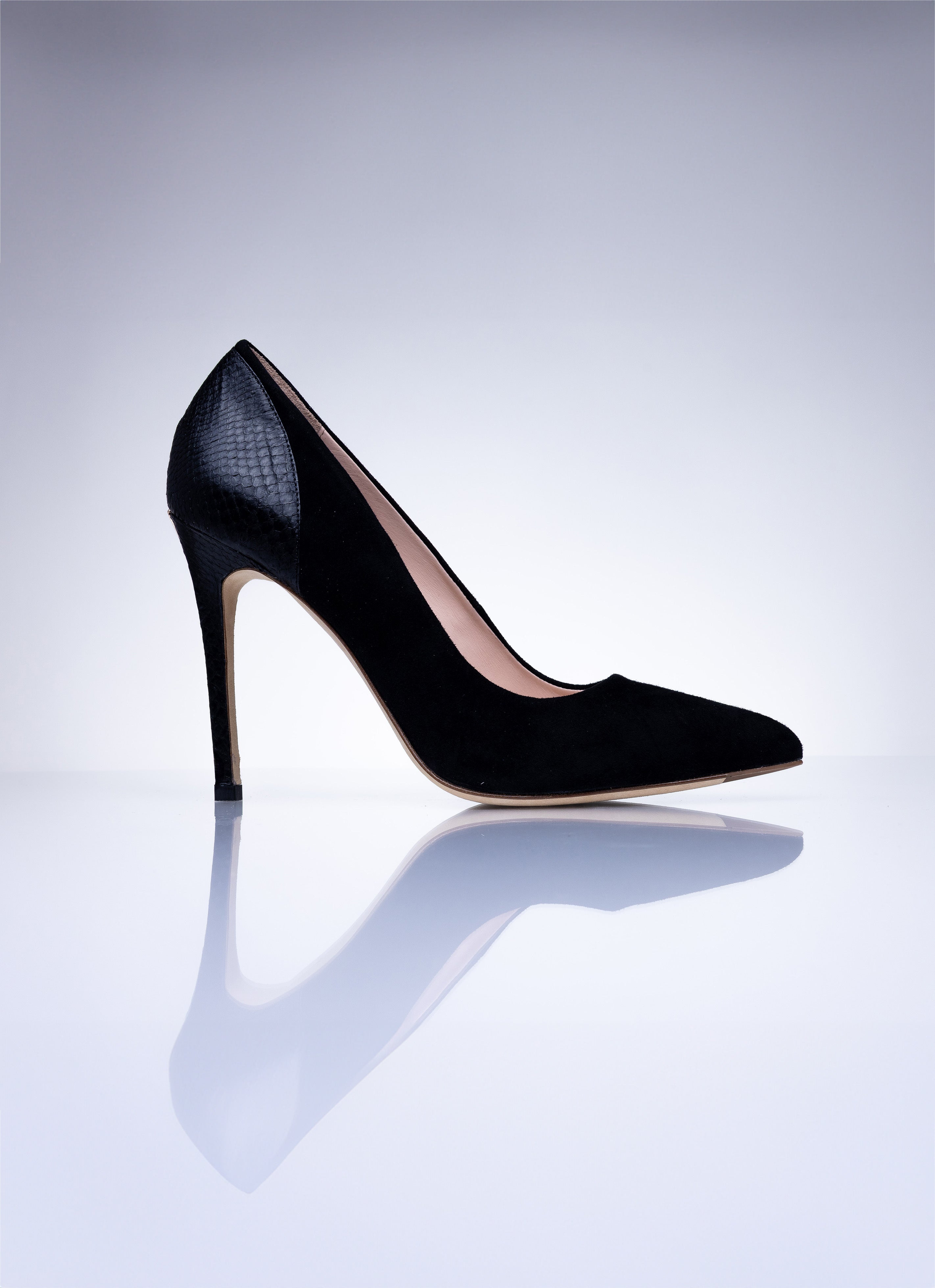 Elandetta Ink deep black suede stiletto heel with refined pointed toe shape and textured leather finish.