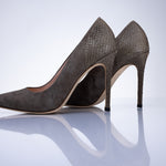 Angled view of Elandetta Moka taupe mushroom suede heels with elegant stiletto silhouette and textured leather finish.
