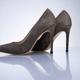 Angled view of Elandetta Moka taupe mushroom suede heels with elegant stiletto silhouette and textured leather finish.