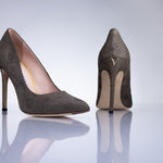 Elandetta Moka pointed suede heels in a rich taupe mushroom shade with sculpted stiletto heels.