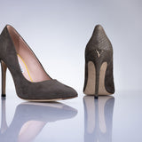 Elandetta Moka pointed suede heels in a rich taupe mushroom shade with sculpted stiletto heels.