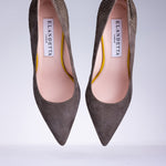 Pair of Elandetta Moka taupe mushroom suede pointed heels with textured leather detailing and elegant silhouette.