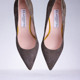 Pair of Elandetta Moka taupe mushroom suede pointed heels with textured leather detailing and elegant silhouette.