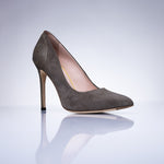Elandetta Moka taupe mushroom suede stiletto heel with refined pointed toe shape and textured leather finish.
