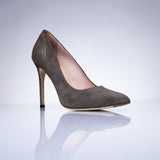 Elandetta Moka taupe mushroom suede stiletto heel with refined pointed toe shape and textured leather finish.