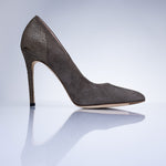 Side profile of the Elandetta Moka luxury suede heel with slim stiletto silhouette and soft taupe mushroom tones.