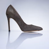Side profile of the Elandetta Moka luxury suede heel with slim stiletto silhouette and soft taupe mushroom tones.