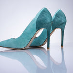 Elandetta Sage Green luxury suede heels with aqua toned suede and refined pointed toe shape.