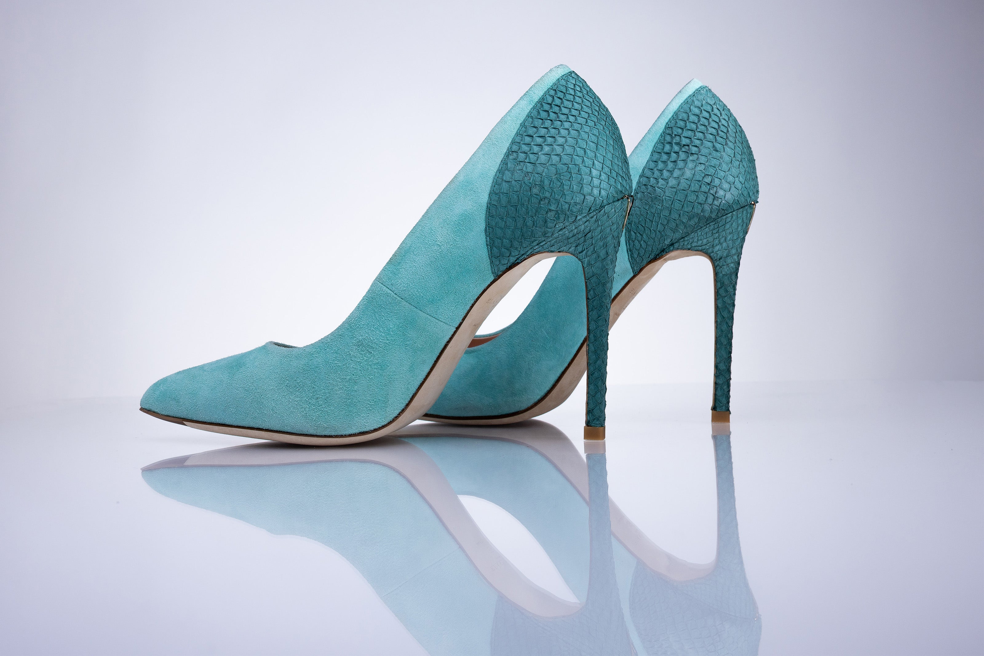 Elandetta Sage Green luxury suede heels with aqua toned suede and refined pointed toe shape.