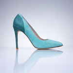 Elandetta Sage Green suede stiletto heel with soft aqua undertones and elegant pointed toe silhouette.