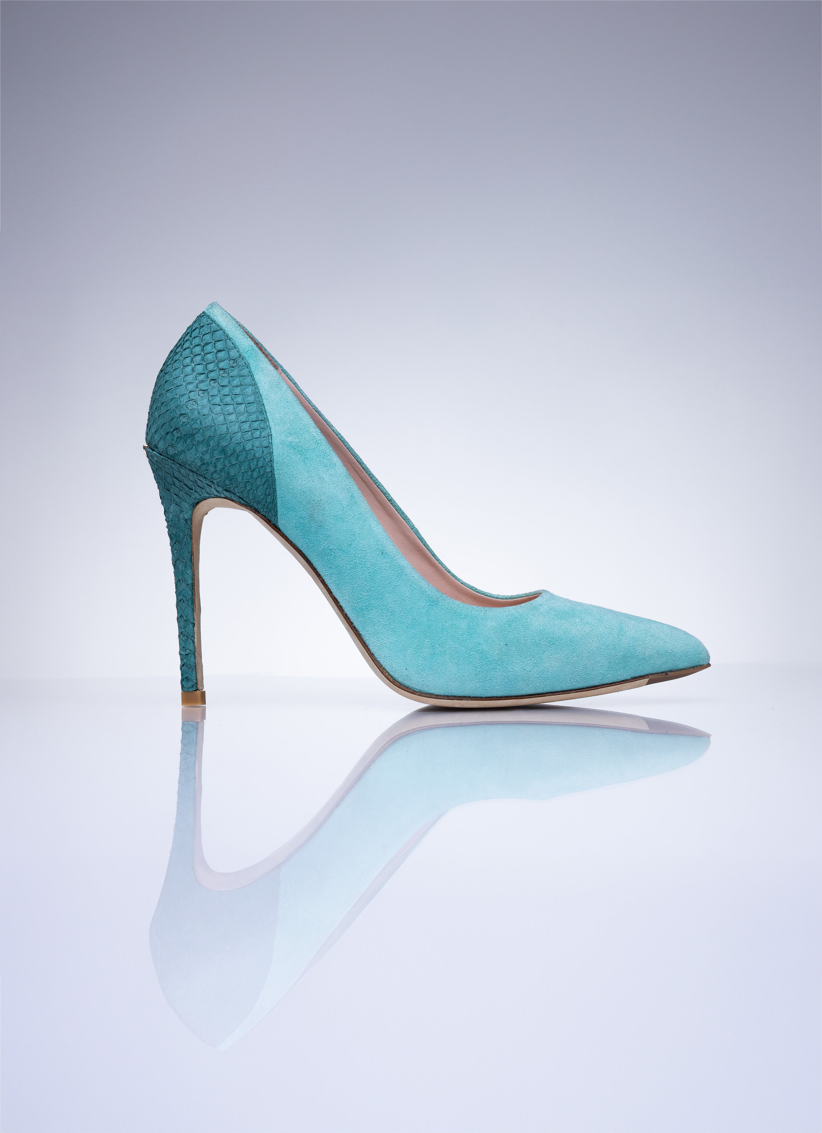 Elandetta Sage Green suede stiletto heel with soft aqua undertones and elegant pointed toe silhouette.
