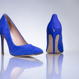Elandetta Ultraviolet electric blue luxury suede heel showing sculpted stiletto heel and rich electric blue finish.