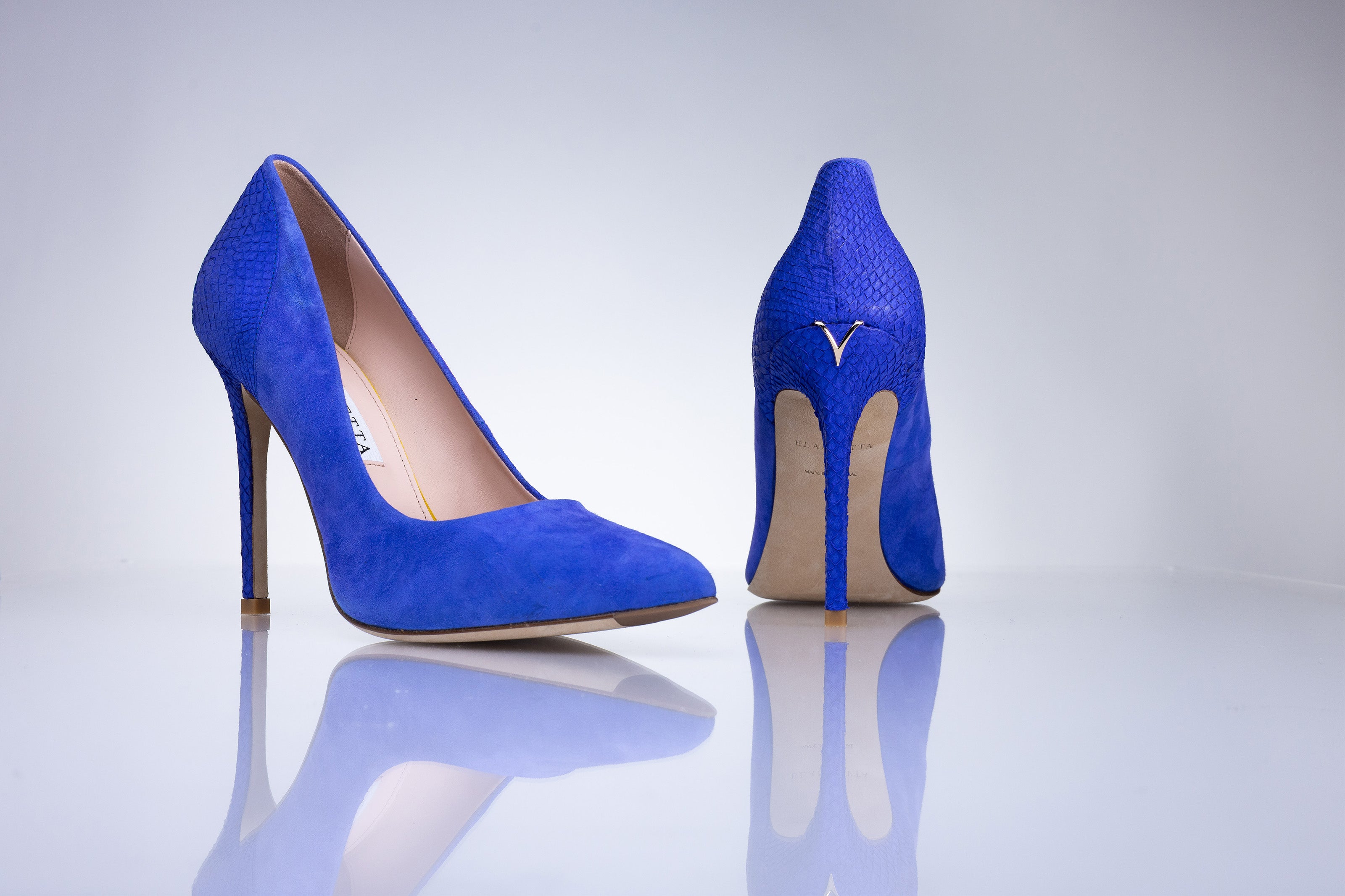 Elandetta Ultraviolet electric blue luxury suede heel showing sculpted stiletto heel and rich electric blue finish.