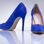 Electric blue suede pointed heels by Elandetta designed for bold modern occasion dressing.