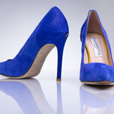 Electric blue suede pointed heels by Elandetta designed for bold modern occasion dressing.