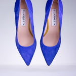 Pair of Elandetta Ultraviolet electric blue suede heels with pointed toe silhouette and luxury leather lining.