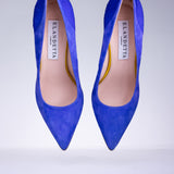 Pair of Elandetta Ultraviolet electric blue suede heels with pointed toe silhouette and luxury leather lining.