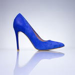 Side profile of the Elandetta Ultraviolet electric blue suede stiletto heel with elegant pointed toe shape.