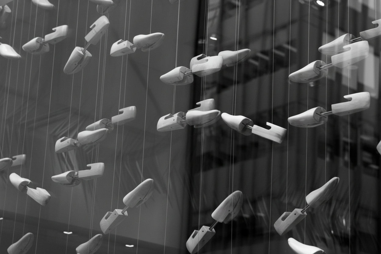 Black and white display of suspended shoemaking lasts used in the development of Elandetta luxury pointed heels. The image reflects Elandetta’s commitment to British shoemaking heritage, craftsmanship, refined silhouette design and colour confidence through thoughtful, high-quality footwear.